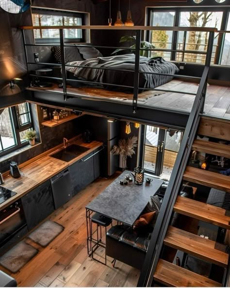 Tiny Industrial House, Mini Cabin Ideas, Design Case Mici, Industrial Loft Apartment, House With Loft, Small Loft Apartments, Tiny Home Designs, Industrial Loft Design, Loft Inspiration