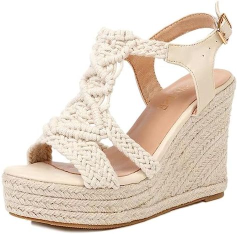 RUSAUISE Espadrille Wedge Sandals for Women Comfortable Strappy Platform Sandals Casual Summer Shoes Casual Summer Shoes, High Heel Wedges Platform, Strappy Platform Sandals, Beige Heels, Sandals Casual, High Heel Wedges, Platform Espadrilles, Espadrille Wedge, Platform High Heels