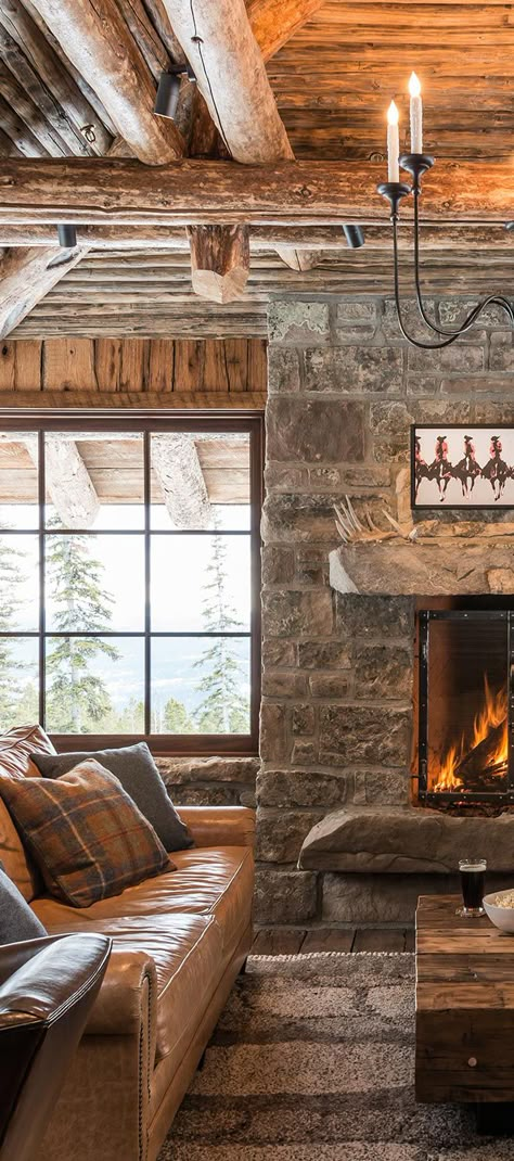 Beautiful Rustic Homes, Modern Lodge Fireplace, Rustic Rugs Living Room Cozy Cabin, Cabin Style Interior, Cabin Style Living Room Rustic, Loghome Ideas, Lodge Living Room Ideas, Rustic Living Room With Fireplace, Mountain Living Room Decor