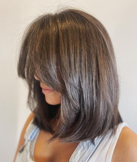 Thick Lob with Face-Framing Layering Layered Long Bob Straight, Face Framing Layers Bob Shoulder Length, Long Layered Bob Curtain Bangs, Collarbone Length Hair For Thick Hair, Collar Bone Haircut Thick Hair, Face Frame Short Haircut, Thick Medium Length Hair With Layers And Curtain Bangs, Lob With Face Framing Layers Round Face, Clavicle Length Haircut