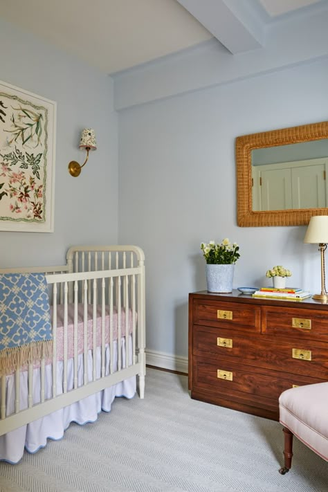 Periwinkle Nursery, City Nursery, Campaign Dresser, Nursery Interior Design, Traditional Nursery, Blue New York, Classic Nursery, Wicker Mirror, Nursery Room Design