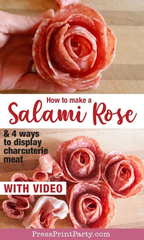 Make a SALAMI ROSE and 4 Easy Ways to Display Charcuterie Meat - How to make a salami Rose. Easy salami roses Are the perfect addition to any charcuterie board and folding your meats in an interesting way really takes your charcuterie plates to the next level. You’ll need about 9 slices of salami and a shot glass. The video will show you not only an easy way to make a salami rose, but also a salami or prosciutto rose bouquet, a salami chain, and a prosciutto fan - Press Print Party! Salami Chain, Prosciutto Rose, Salami Rose, Charcuterie Board Meats, Charcuterie Appetizers, Charcuterie Meats, Sliced Salami, Charcuterie Plate, Charcuterie Inspiration