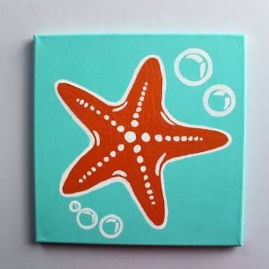 Cute Simple Small Paintings, Ocean Canvas Art, Blue Canvas Ideas, Simple Drawings With Color, Cute Fun Painting Ideas, Beach Theme Canvas Painting, Simple Paintings Cartoon, Sea Star Painting, Painting Inspo On Canvas