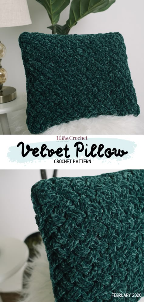 This classic pillow in a braided pattern is reminiscent of vintage velvet tuck pillows. This elegant take on a classic is stunning in bottle green, but would look wonderful in other gemstone colors like ruby or sapphire. Crochet Pillow Cover Velvet Yarn, Things To Make With Velvet Yarn, Crochet Velvet Pillow Cover, Velvet Crochet Pillow Pattern Free, Crochet Velvet Pattern, Velvet Yarn Crochet Pillow, Velvet Crochet Pillow Pattern, What To Crochet With Velvet Yarn, Velvet Yarn Knitting Patterns