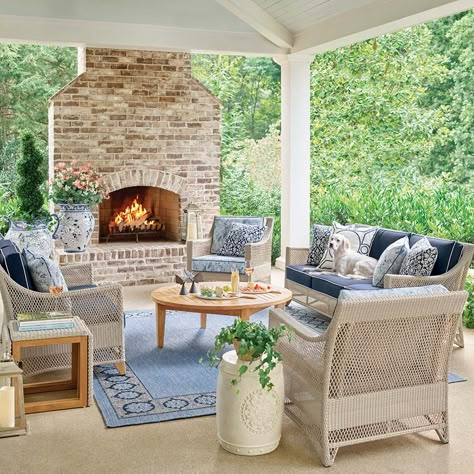 What's Your Outdoor Style? - Home + Style Tuscany Outdoor Living Backyards, Porches With Fireplaces, Lake House Sunroom, Terrace Makeover, Fireplace Porch, Deck Fireplace, Frontgate Outdoor, Frontgate Outdoor Furniture, Ranch Ideas