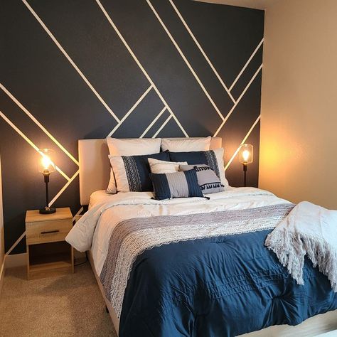 Simple accent wall using painters tape. Wall Paint With Tape Design, Black Electrical Tape Accent Wall, Grey Bedroom Decor Accent Wall, Grey With Accent Wall, Masking Tape Accent Wall, Tape Painting Ideas Wall Decor, Bedroom Colors With Accent Wall, Accent Wall Tape Designs Bedroom, Unique Accent Wall Ideas Bedroom Paint