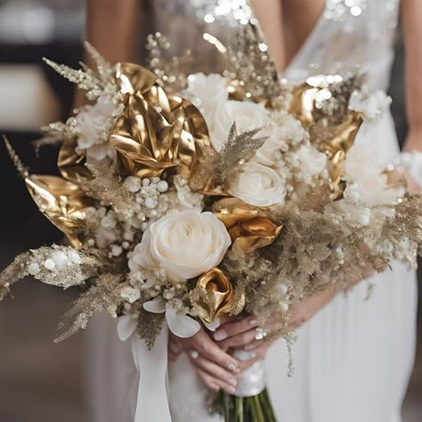 Black White Gold Wedding Flowers, Gold Wedding Bouquet Ideas, Gold Bouquet Of Flowers, New Years Wedding Bouquet, New Year’s Eve Wedding Bouquet, New Years Eve Wedding Bouquet, White And Gold Bouquet, White Gold Bouquet, Glam Bouquet