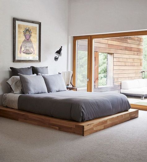 Platform Bed Ideas Bedrooms, Floor Bed Ideas, Low Floor Bed, Bed On The Floor, Low Platform Bed, Low Bed Frame, Platform Bed Designs, Floor Bed Frame, Minimalist Bed