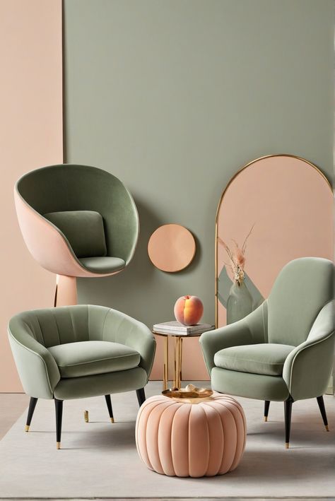 How To Take Center Stage: Eye-Popping Elegance with Sage Green and Peach Chairs [2024] #Ad #homedecor #homedesign #fixhome #Painthome #interiorarchitecture Peach Wall Bedroom Ideas, Sage Green And Peach Living Room, Peach Green Living Room, Sage Green And Blush Aesthetic, Light Pink And Green Living Room, Green Color Room Ideas, Green Peach Bedroom, Green Wall In Living Room, Pistachio Room