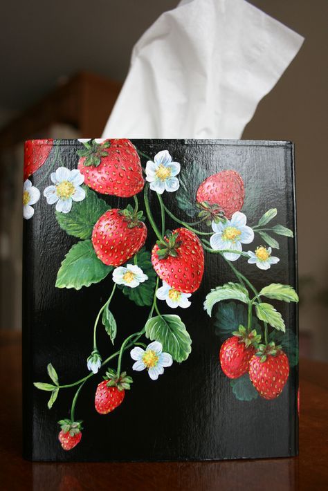 Red cardinal and strawberries on black back ground hand painted tissue box. Acrylic painting by sherrylpaintz Strawberries Painting, Strawberry Watercolor, Box Painting, Digital Art Software, Strawberry Art, Animals And Birds, Fruit Painting, China Painting, Tissue Box Cover