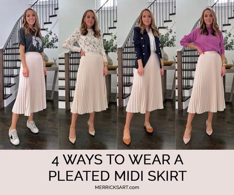 Pleated Skirts Outfits (4 Skirts) - Merrick's Art Pleated Skirt Spring Outfit, Chiffon Skirt Outfit, Pleaded Skirt Outfits, How To Style Pleated Skirt, Cream Skirt Outfit, White Pleated Skirt Outfit, Pleated Skirt Outfit Summer, Pleated Skirt Outfit Ideas, Beige Skirt Outfit