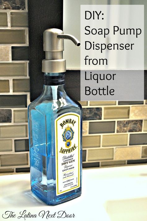 DIY Soap Dispenser From a Liquor Bottle - Site tells you where to get the pumps! Diy Soap Dispenser, Soap Dispenser Diy, Alcohol Bottle Crafts, Dispenser Diy, Savon Diy, Bottle Projects, Liquor Bottle Crafts, Mason Jar Bathroom, Soap Pump Dispenser