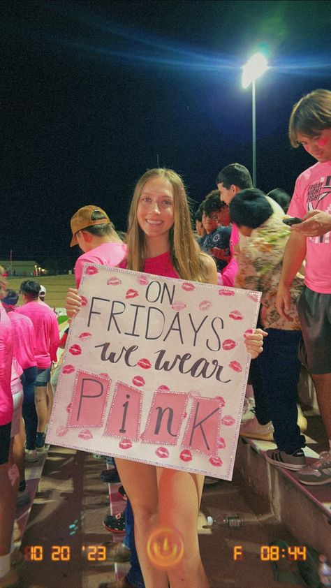 Football pink out student section themed sign Pink Out Football Game Outfits Ideas, Pink Out Outfits Football Game, Pinkout Ideas Football Pink Out, Pink Out Signs Football, Pink Out Outfit Ideas, Pink Out Game Posters, Pink Out Football Game Signs, Pink Out Posters Football, Pink Out Student Section