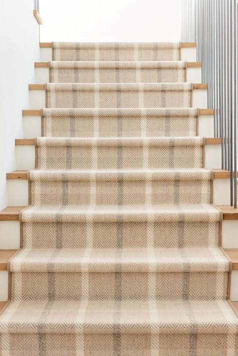 Tattersall Carpet from Stanton in The McGee Home. Mcgee And Co Carpet, Runner On White Oak Stairs, Neutral Runner Stairs, Mcgee And Co Staircase, Wooden Stair Runner, Stair Runner On Light Wood, Studio Mcgee Stair Runner, Checkered Stair Runner, Accent Carpet On Stairs