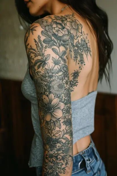 Flower Sleeve Tattoos For Women 25 Flowers Arm Sleeve Tattoo, Women’s Arm Sleeves, Quarter Sleeve Floral Tattoo, Womens Shoulder Sleeve Tattoo, Womens Sleeve Ideas, Upper Arm Floral Sleeve, Black And White Half Sleeve Tattoos For Women, Full Arm Cover Up Tattoo, Flower Shoulder Sleeve Tattoo