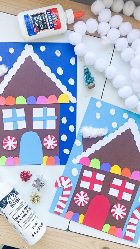 Construction Paper Gingerbread House, Gingerbread House Craft Kindergarten, Gingerbread House Shapes, Paper Gingerbread House Craft, Holiday Projects For Kids, Kinder Arts And Crafts, Gingerbread House Paper Craft, Gingerbread House Activities For Kids, Book And Craft Activities