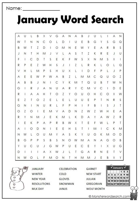 Check out this fun free January Word Search, free for use at home or in school This is a printable January Word Search pdf file, just click on the image to open the pdf, you can save it or print it. Words included in this fun file are: JANUARY WINTER NEW YEAR RESOLUTIONS MLK DAY CELEBRATION COLD GLOVES SNOWMAN JANUS GARNET NEW START JULIAN GREGORIAN WOLF MONTH January Word Search For Kids, January Worksheets For Kids, January Word Search, January Worksheets, 13 Colonies Activities, Winter Word Search, Holiday Word Search, Word Puzzles For Kids, Teaching Us History