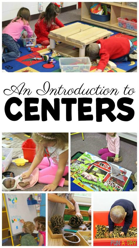 An introduction to centers in preschool and kindergarten #Preschool #Kindergarten #EarlyChildhoodEducation #FunADay #Centers #PreschoolCenters #PreschoolTeachers Centers In Preschool, Preschool Stations, Preschool Set Up, Centers Preschool, Learning Centers Preschool, Preschool Classroom Ideas, Kindergarten Classrooms, Early Childhood Centre, Preschool Rooms