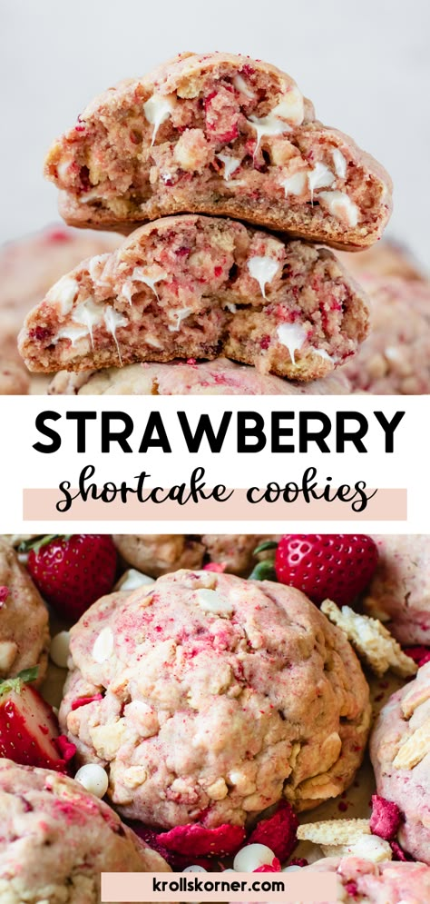 cookies made with freeze dried strawberries and white chocolate chips Loaded Cookies, Jumbo Cookies, Cookies With White Chocolate Chips, Shortcake Cookies, Strawberry Shortcake Cookies, Cookies With White Chocolate, Stuffed Cookies, Strawberry Cookies, Big Cookie