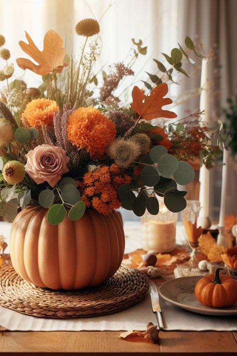 Fall in love with this stunning ceramic pumpkin vase filled with dried flowers and an autumn flower arrangement. The warm colors of the vase, flowers, and hazelnuts will create a cosy and inviting atmosphere in your home. The candles add a touch of elegance and romance, making this the perfect centerpiece for your Thanksgiving or Halloween table. Fall Bowl Centerpiece, Autumn Flower Centerpieces, Thanksgiving Flower Arrangement, Pumpkin Vase With Flowers, Fall Pumpkin Floral Arrangements, Thanksgiving Centerpieces Flowers, Pumpkin Vase Centerpiece, Thanksgiving Floral Centerpieces, Thanksgiving Flower Centerpieces