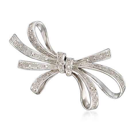 Ross-Simons Diamond Ribbon Pin in Sterling Silver | Stunning Brooch for Women | Great for Girlfriend for Anniversary Diamond Ribbon, Ribbon Pin, Diamond Bows, Diamond Birthstone, Bow Ring, Silver Jewelry Design, Initial Pendant Necklace, Bow Jewelry, Silver Bow