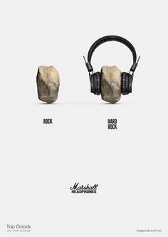 Viktor Kolodiazhnyi is rocking it with this oh-so-simple concept for Marshall Headphones and oh-so-effective series of print ads. Taking a rock and a metal ball, he adds earphones and transforms them into ‘hard rock’ and ‘hard metal.’ Marshall Headphones, What Is Fashion Designing, Guerrilla Marketing, Clever Advertising, What Is Fashion, 광고 디자인, Publicidad Creativa, Design Websites, Guerilla Marketing