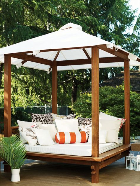 Buy a daybed  This showstopping daybed by The Sweetwater Cabana is a posh shaded oasis of pillows (Beach House Style) for afternoon lolling. Outdoor Day Bed, Diy Daybed, Patio Daybed, Murphy Bed Plans, Outdoor Beds, Outdoor Daybed, Canopy Design, Beautiful Outdoor Spaces, Day Bed