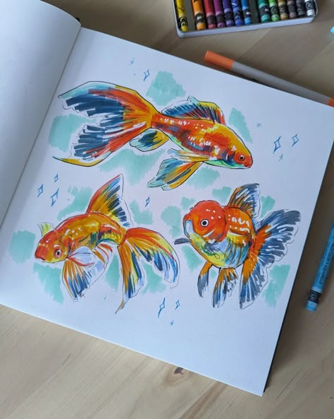 Fun Art Supplies, Marker Illustration Art, Marker Ideas Drawing, Watercolor Markers Art, Colorful Marker Art, Illustration Marker Art, Water Based Markers Art, Colorful Fish Drawing, Alchohal Marker Art