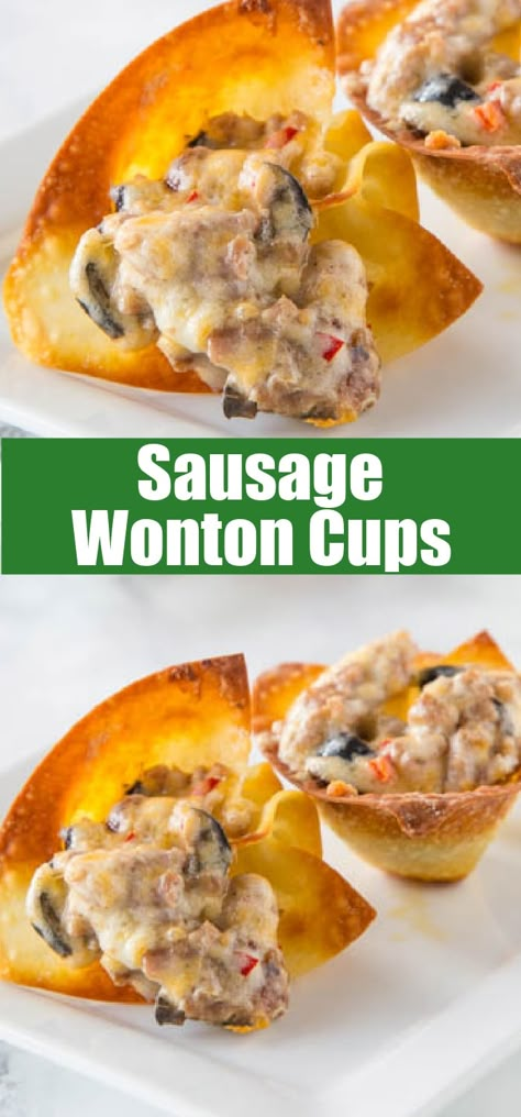 Sausage Wonton Cups, Wonton Wrapper Recipes Appetizers, Wonton Appetizer Recipes, Wonton Cups Appetizers, Party Munchies, Wonton Appetizers, Wonton Wrapper Recipes, Appetizer Wraps, Sausage Appetizers