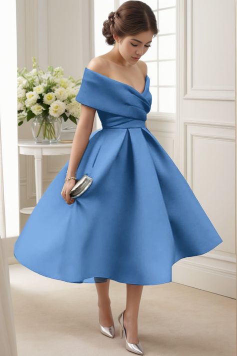 A-Line Tea Length Satin Prom Dress CS0455 – COCOMELODY Off The Shoulder Sleeves, Corset Back, Graduation Dresses, Satin Prom Dress, Back Details, Tea Length, Tiffany Blue, Mother Of The Groom, The Groom