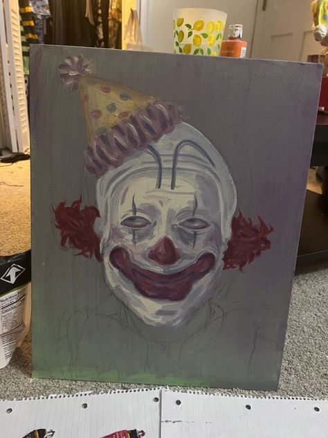 Clown Painting Ideas, Clown Art Drawing, Emo Painting Ideas, Clown Fanart, Scary Halloween Drawings, Weird Paintings, Clown Canvas Painting, Scary Clown Drawing, Clown Portrait