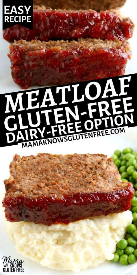 Gluten-free meatloaf with mashed potatoes and peas. Dairy Free Hamburger Recipes, Dinner Gluten Free Dairy Free, Mama Knows Gluten Free, Gluten Free Dairy Free Recipes Dinner, Gluten Free Dairy Free Dinner, Gluten Free Meatloaf, Dairy Free Lunch, Gf Df Recipes, Dairy Free Meals