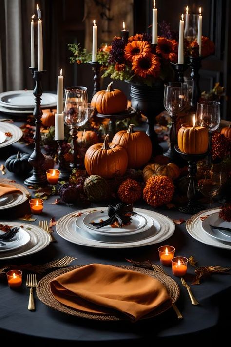 Halloween tablescape ideas. How to decorate a dining room for Halloween. Halloween decor inspo Orange And Black Halloween Tablescape, Table Setting Halloween, Burnt Orange Halloween Wedding, Halloween Dinner Table Setting, Halloween Dining Room Table, Black Thanksgiving Decor, Halloween Dinner Decor, Dining Table Halloween Decor, Spooky Table Decor