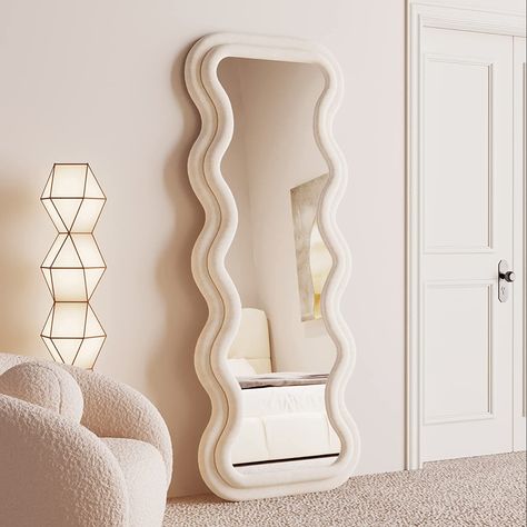 BOJOY Full Length Mirror 63"x24", Irregular Wavy Mirror, Wave Floor Mirror, Wall Mirror Standing Hanging or Leaning Against Wall for Bedroom, Flannel Wrapped Wooden Frame Mirror-White Arched Floor Mirror, Wavy Mirror, Wooden Mirror Frame, Elegant Mirrors, Preppy Room Decor, Full Body Mirror, Inspire Me Home Decor, Preppy Room, Cute Bedroom Decor