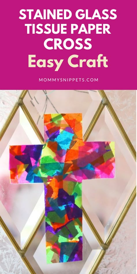 tissue paper cross craft Tissue Paper Cross, Stained Glass Tissue Paper, Good Friday Crafts, Paper Cross, Vacation Bible School Craft, Palm Sunday Crafts, Bible Crafts Sunday School, Stained Glass Cross, Jesus Crafts