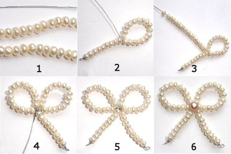 Pearl Beaded Jewelry Ideas, How To Make A Bow Necklace, Beaded Bracelets Tutorial Step By Step, Beaded Ribbon Tutorial, Beaded Bow Necklace Diy, Bow Beads Tutorial, How To Make Bow With Beads, Pearl Bow Tutorial, Diy Beaded Bow