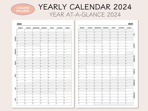 Excited to share the latest addition to my #etsy shop: Yearly Calendar 2024, Printable Calendar 2024, Year At A Glance 2024, Yearly Overview 2024, 4 Colors https://etsy.me/3Ieuye2 2024 Year At A Glance Printable Free, 2024 Printable Calendar, Journal Planning, 2024 Printable, Kids Routine, Printable Yearly Calendar, Kids Routine Chart, Planner Designs, Yearly Overview