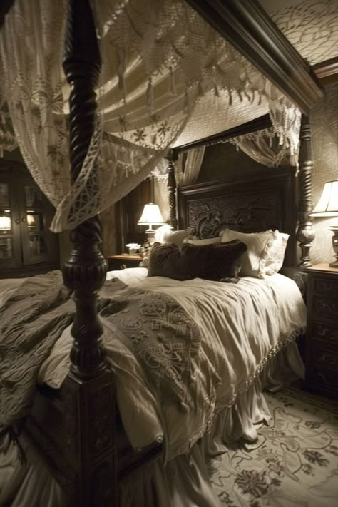 Gothic Canopy Bed, Random Bedroom, Canopy Bed Ideas, Design A Bedroom, Crystal Room Decor, Victorian Bed, Home Interior Accessories, Country Bedding, White Goth