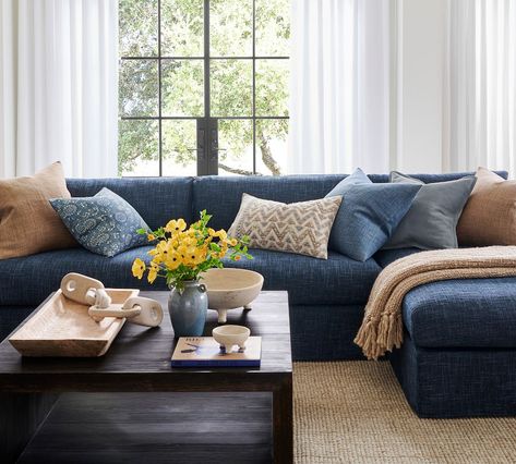 Serene Slipcovered Sofa Chaise Sectional | Pottery Barn Pottery Barn Sectional, Blue Sofas Living Room, Large Square Coffee Table, Pottery Barn Living Room, Blue Sectional, Beach House Living Room, Barn Living, Blue Couches, Knit Throw