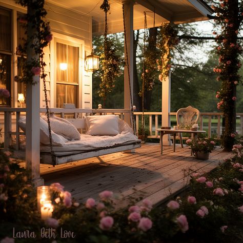 House Designs Exterior Wrap Around Porch, Aesthetic Back Porch, Flowers House Decor, Old Country Houses Farmhouse, Dreamy Front Porch, House With Vines On It, Cottage Home With Porch, House With Porch All The Way Around, Wrap Around Porch Aesthetic