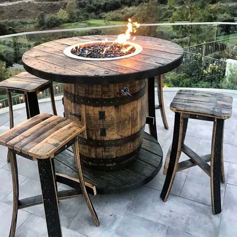 Rustic Wooden Fire Pit Area #woodenchairs ★ Modern fire pit ideas for your unforgettable outdoor party gatherings. ★ #firepit #backyard #outdoordecor #homedecor Barrel Fire Pit, Whiskey Barrel Table, Modern Outdoor Fireplace, Spool Furniture, Outside Fire Pits, Barrel Projects, Wine Barrel Furniture, Modern Fire Pit, Whiskey Barrels