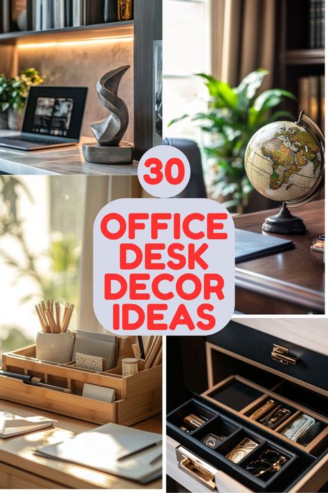 A collage of stylish office decor items, including a desk globe, bamboo organizer, and artistic sculpture, showcasing desk inspiration and creative work desk decor ideas for enhancing work setup desks. Trendy Office Desk Decor, Gamer Desk Decor, Women’s Desk Decor, Desk Accessories Office Men, Thrifted Desk Decor, Uplift Desk Home Office Ideas, Fun Office Desk Accessories, Decorating A Desk At Home, Plants For Desk At Work