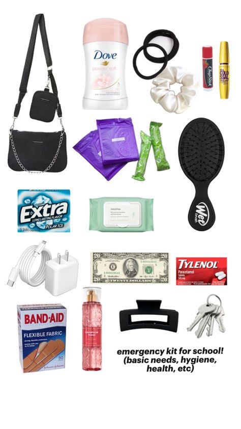 bag, deodorant, hair ties and scrunchies, lip balm, mascara, pads and tampons, wet wipes, mini brush, gum, phone charger, money, pain killers, bandages, perfume, claw clip, house/car keys Bag Necessities, Overnight Essentials, Kit For School, Before School Routine, School Necessities, School Emergency Kit, School Backpack Essentials, Volleyball Bag, Basic Necessities