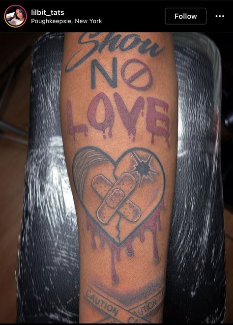 Arm Fill In Tattoos, No Love Tattoo Designs, Heartless Tattoo Men, No Love Tattoo Men, Show No Love Tattoo, Hard Times Tattoo, Love Tattoos For Men, No Love Tattoo, Show No Love