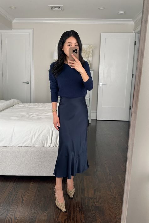 100% Washable Silk Slip Dress curated on LTK How To Style A Slip Dress, Slip Skirt Outfit, Navy Silk Dresses, Silk Slip Skirt, Midlife Fashion, Slip Dress Outfit, Satin Skirts, Navy Sweater Dress, Sweater Dress Outfit