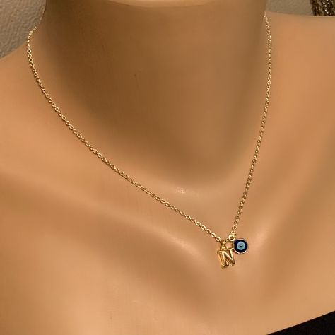 Personalized Evil Eye Pendant Gold Necklace, Initial N Necklace, N Charm Necklace, Gold Plated N Letter Necklace, Evil Eye Necklaces by NalansJewellery on Etsy N Necklace, N Initial, Initial N, N Letter, Dainty Choker Necklace, Necklace Evil Eye, Pretty Jewelry Necklaces, Bridal Pearl Necklace, Necklace Initial