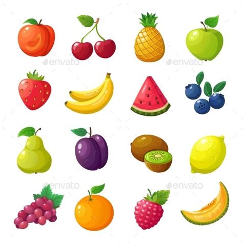 Cartoon Fruits and Berries by MicrovOne | GraphicRiver Berries Cartoon, Fruits Cartoon, Fruit Labels, Fruit Clipart, Fruit Icons, Vegetable Illustration, Cartoon Fruit, Fruit Cartoon, Fruit Vector