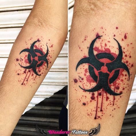 Biohazard Tattoo Design, Biohazard Symbol Tattoo, Blood Splatter Tattoo, Toxic Symbol Tattoo, Blood Tattoo Ideas, Toxic Tattoo Ideas, Wanderer Tattoo, Toxic Tattoo, Biohazard Tattoo