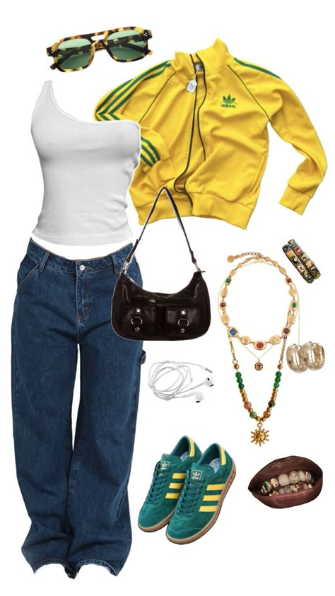 Ahs Style, Wide Leg Denim Pants, Yellow Streetwear, Low Rise Baggy Jeans, Cool Girl Outfits, Yellow Adidas, Mode Zara, Outfit Inspo Casual, Adidas Outfit