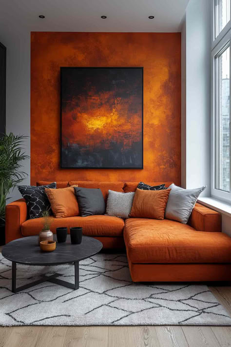 40 Living Room Accent Wall Ideas To Give Your Room Style Wall For Living Room Ideas, Accent Colour Living Room, Orange Lounge Decor, Burnt Orange Feature Wall Living Rooms, Orange Sofa Decor Ideas Living Room, Modern Abstract Wall Art Living Room, Orange Sofas Living Room Ideas, Living Room Colored Walls, Analogous Living Room